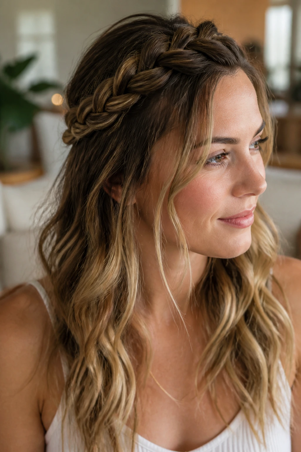 Real woman with braided crown and loose length