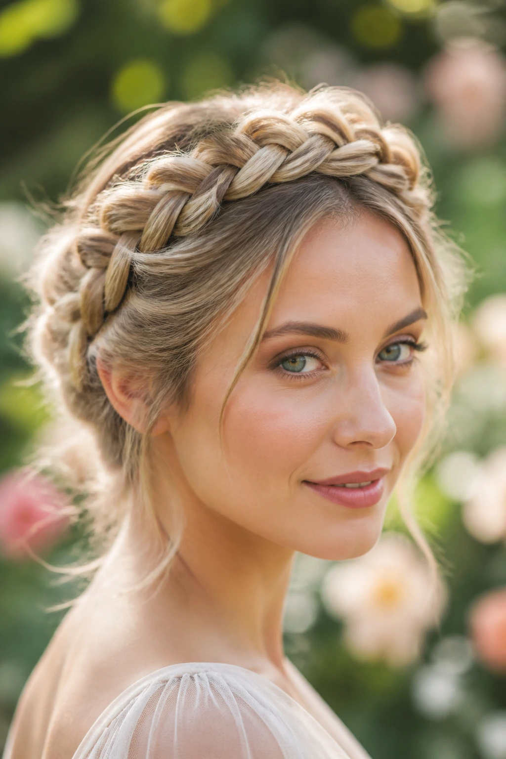 Close-up of a real woman wearing a braided crown with soft pulls.