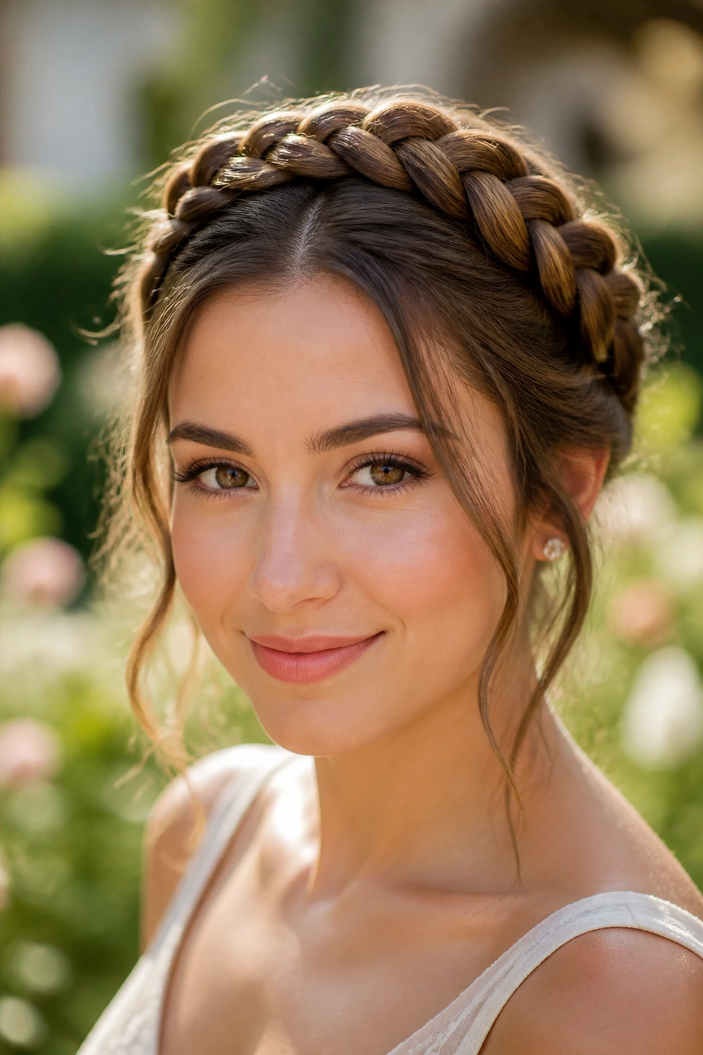 Real woman wearing braided crown with soft tendrils around temples in natural sunlight