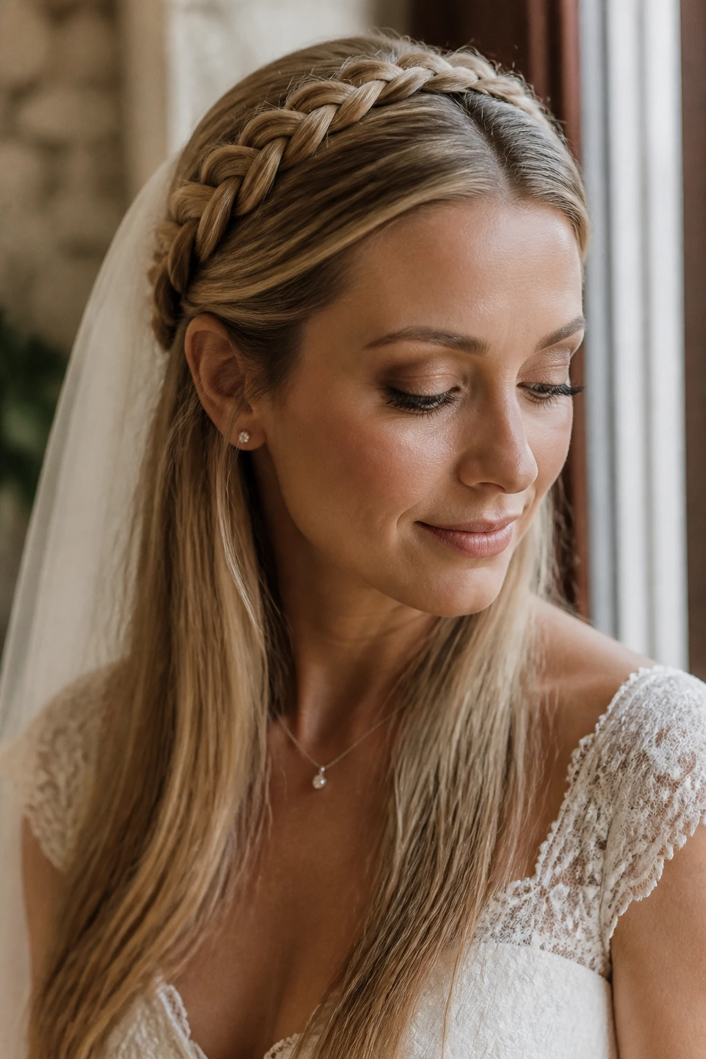 Close-up of a real bride with a braided crown on straight hair.
