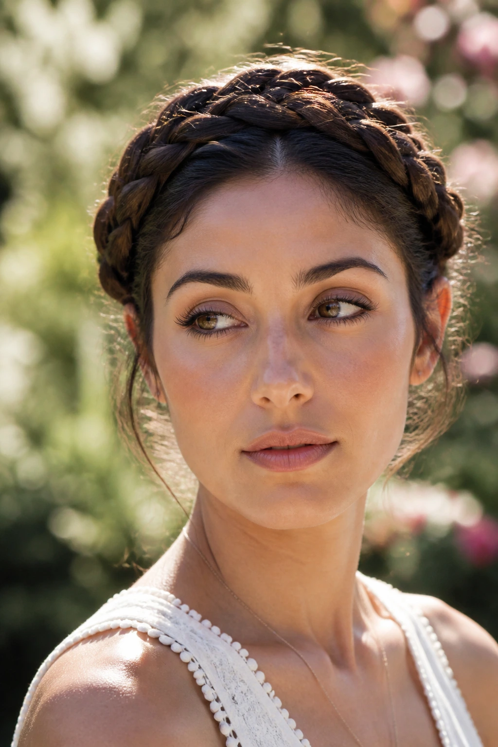 Head-and-shoulders portrait of a real woman with a braided crown along the hairline.