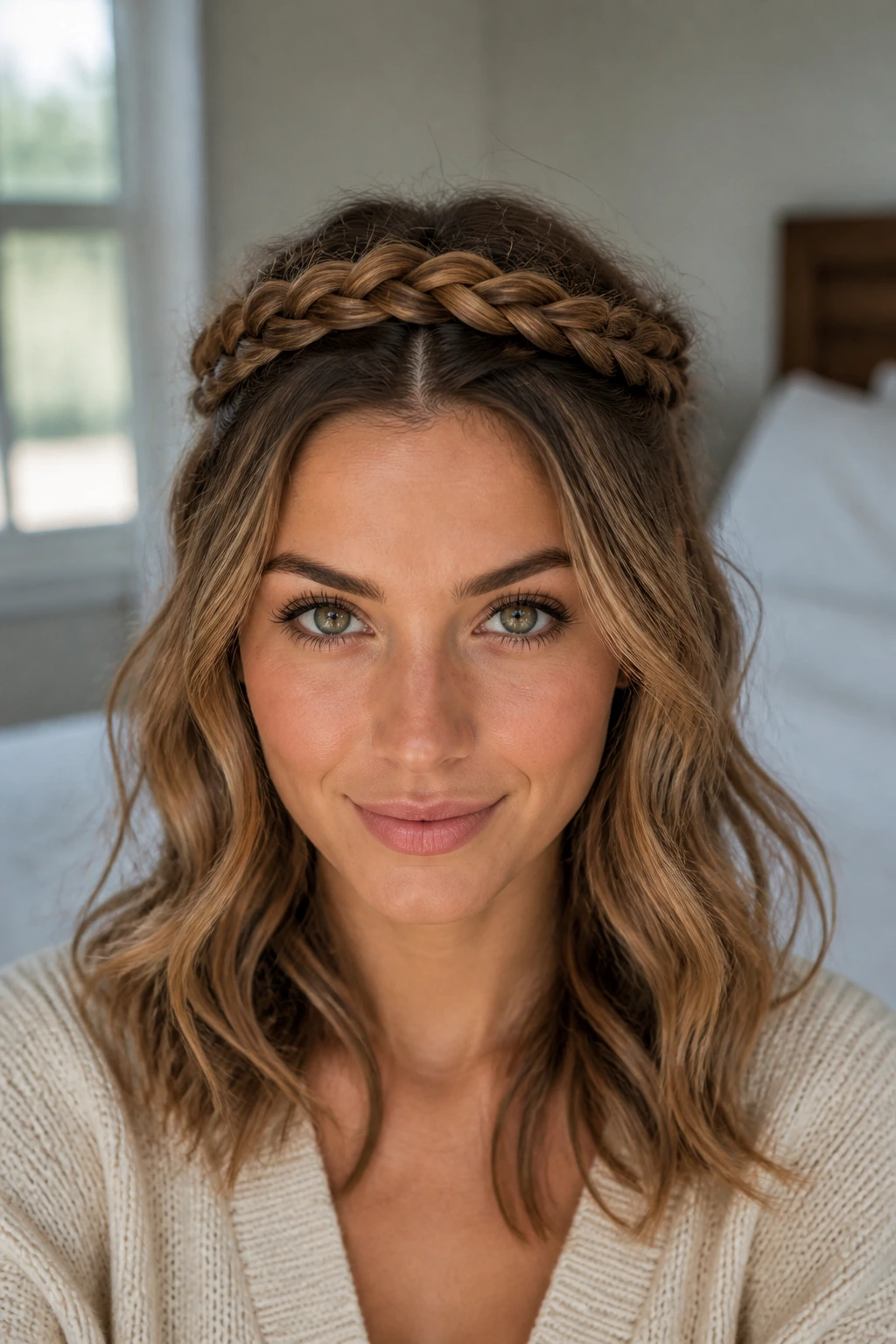 Close-up of a real woman with a braided crown half-up hairstyle