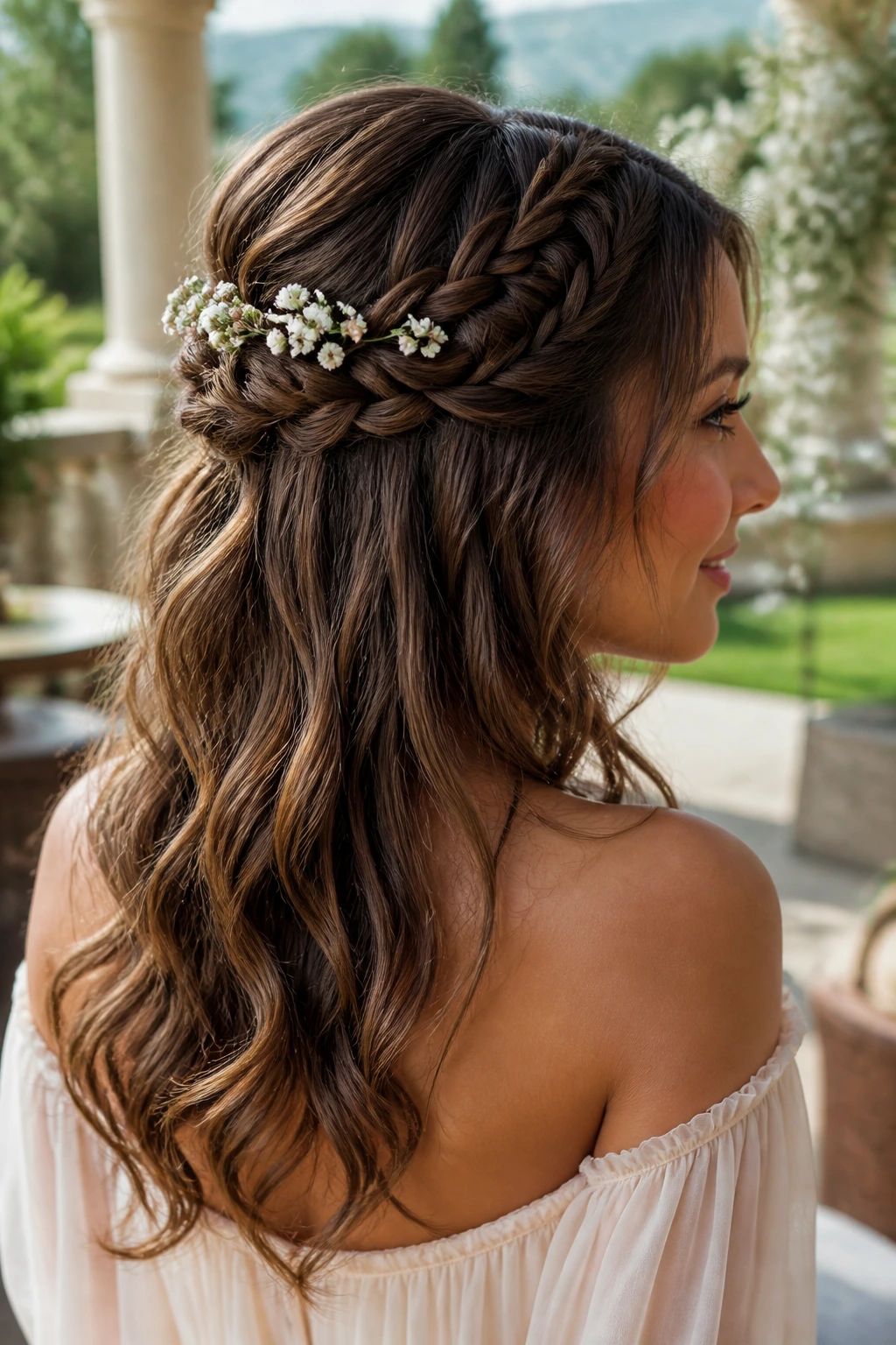 Real woman with braided half-up crown and floral accents