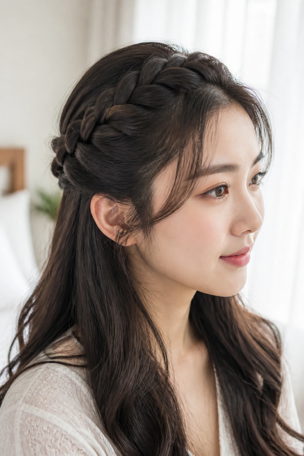 Close-up of a woman with a braided crown half-up hairstyle.