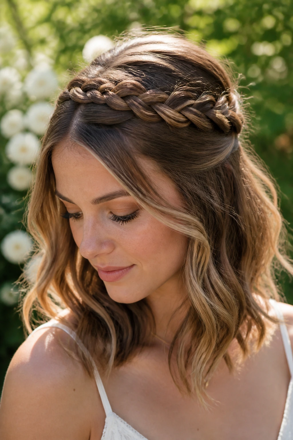 Close-up of a woman with a braided crown half-up hairstyle in a sunlit garden