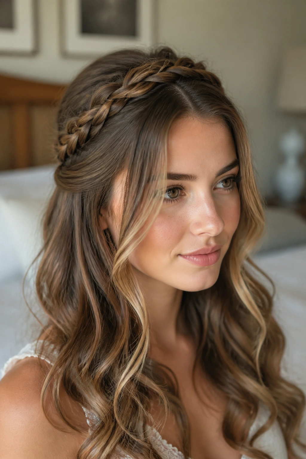 Portrait showing two loose braids forming a crown across the head
