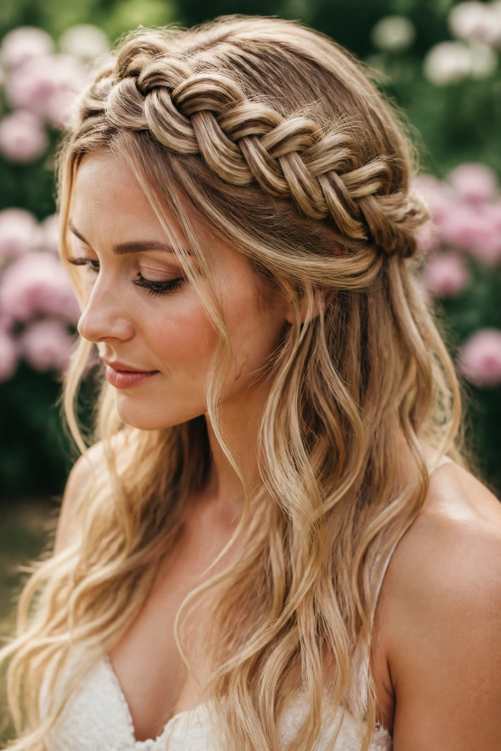 Close-up of a real woman wearing a braided crown half-up hairstyle outdoors