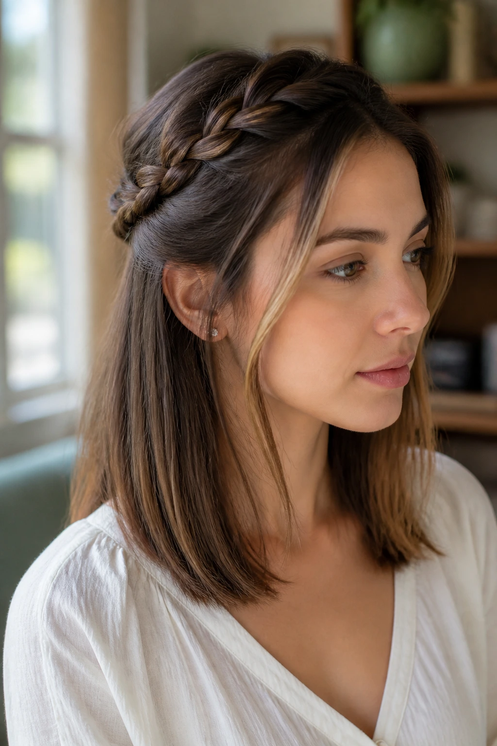 Close-up of a real woman with a braided crown half-up hairstyle.