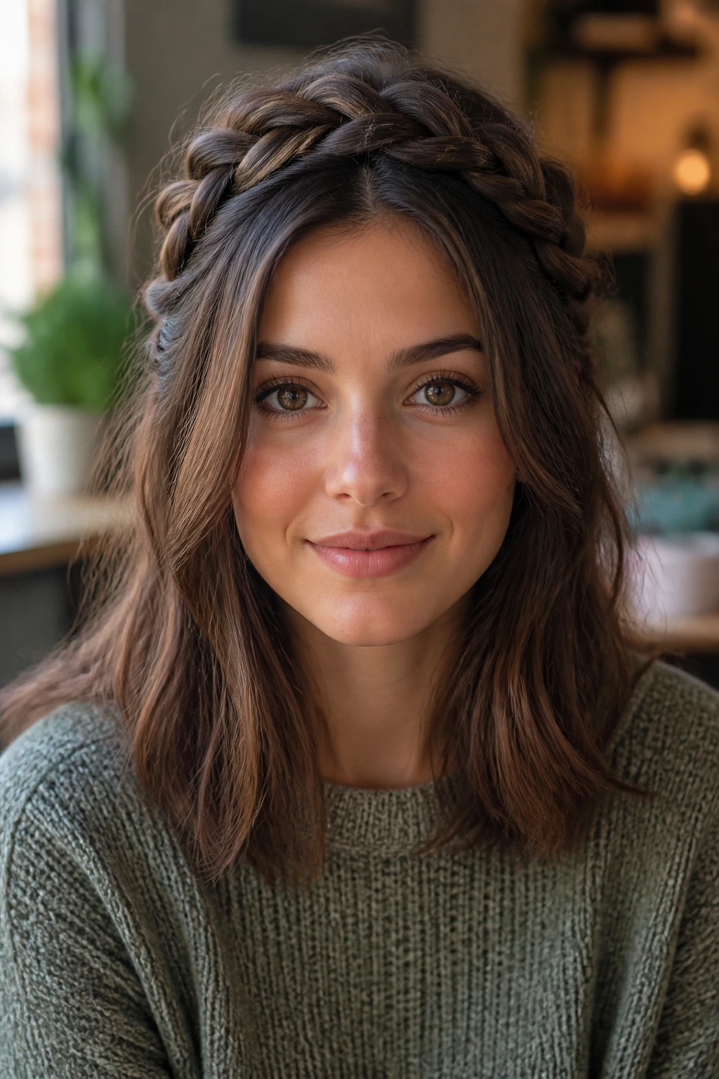Close-up of a real woman with a braided crown half-up.