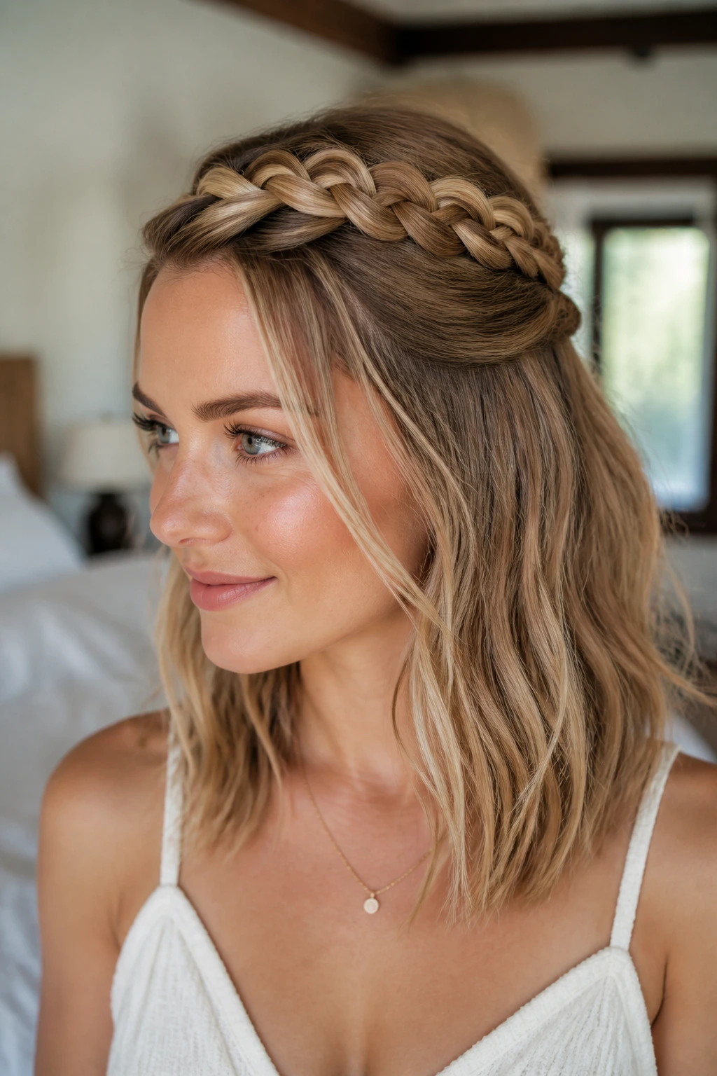 Close-up of a real woman with a shallow crown braid and loose hair.