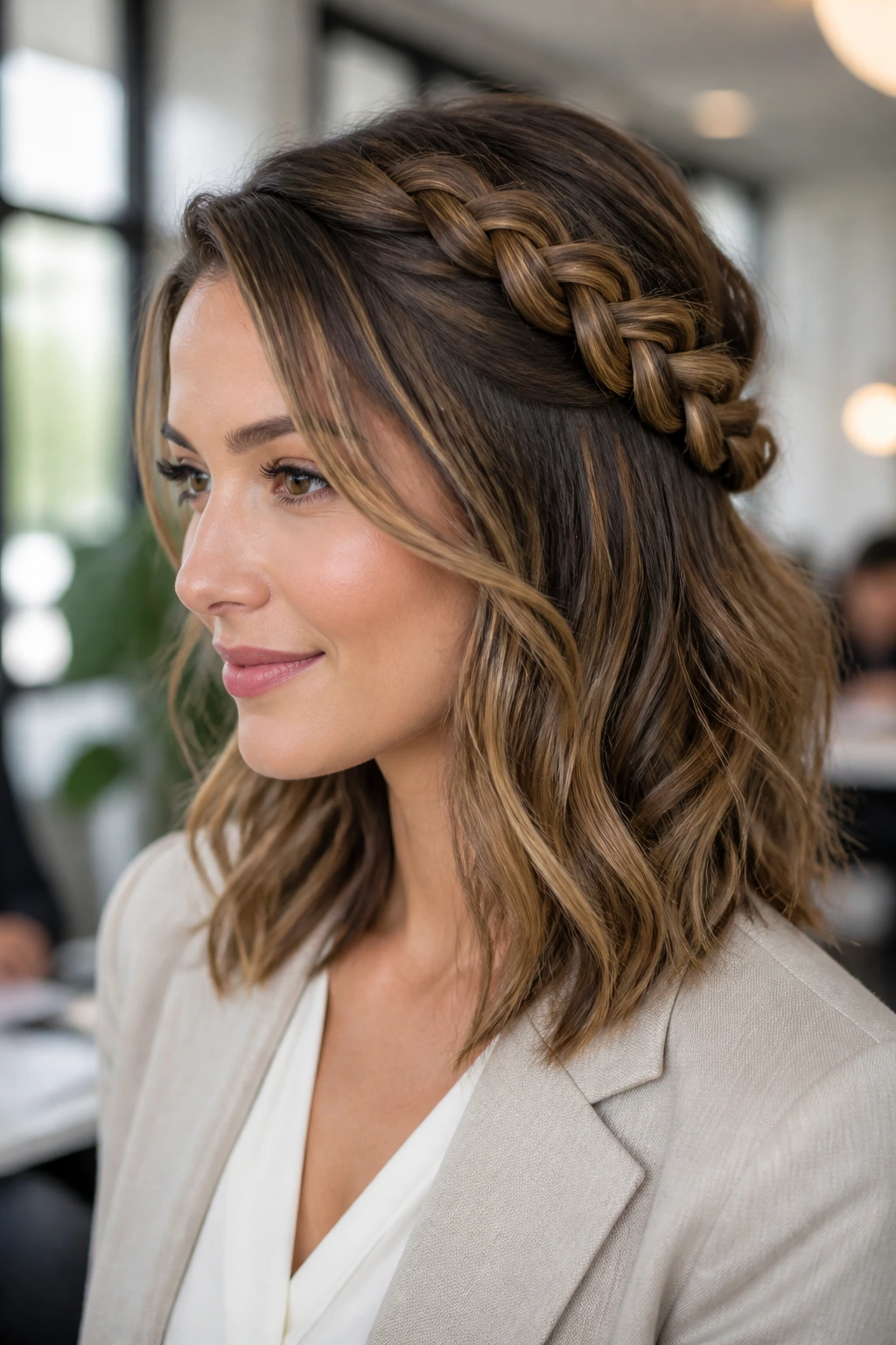 Real woman with braided crown half-up hairstyle.