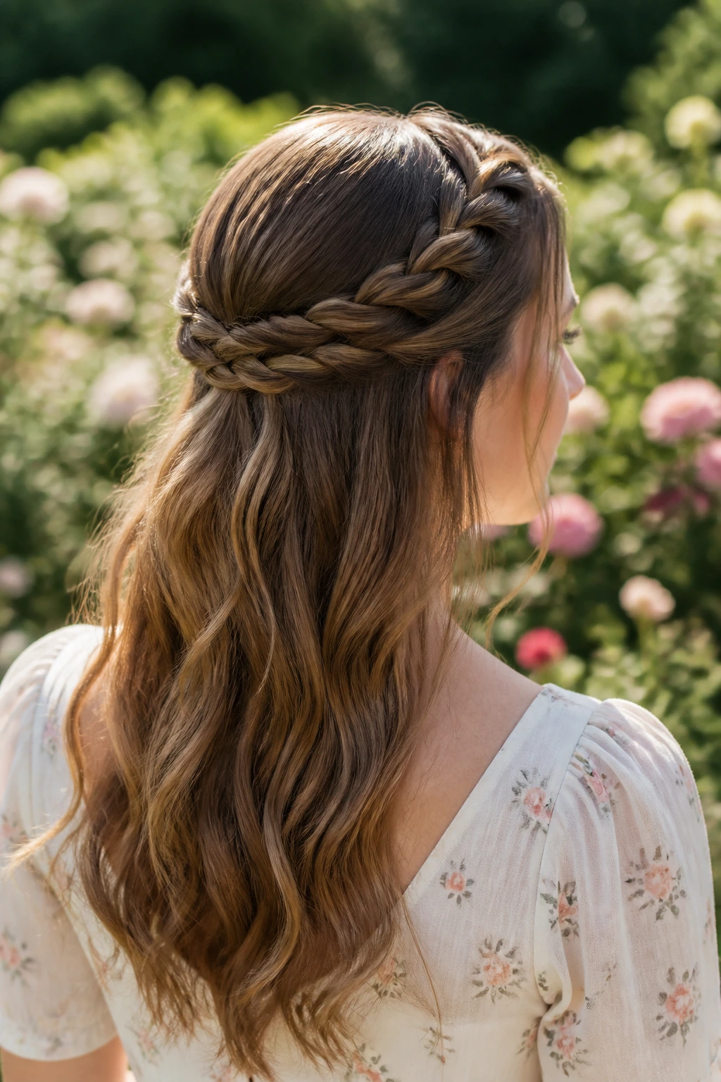 Woman with braided crown half-up hairstyle in garden setting