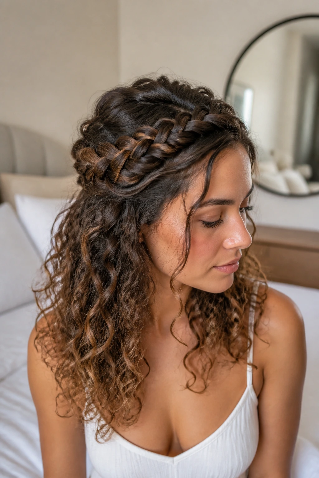 Close-up of a real woman wearing a braided crown half-up hairstyle
