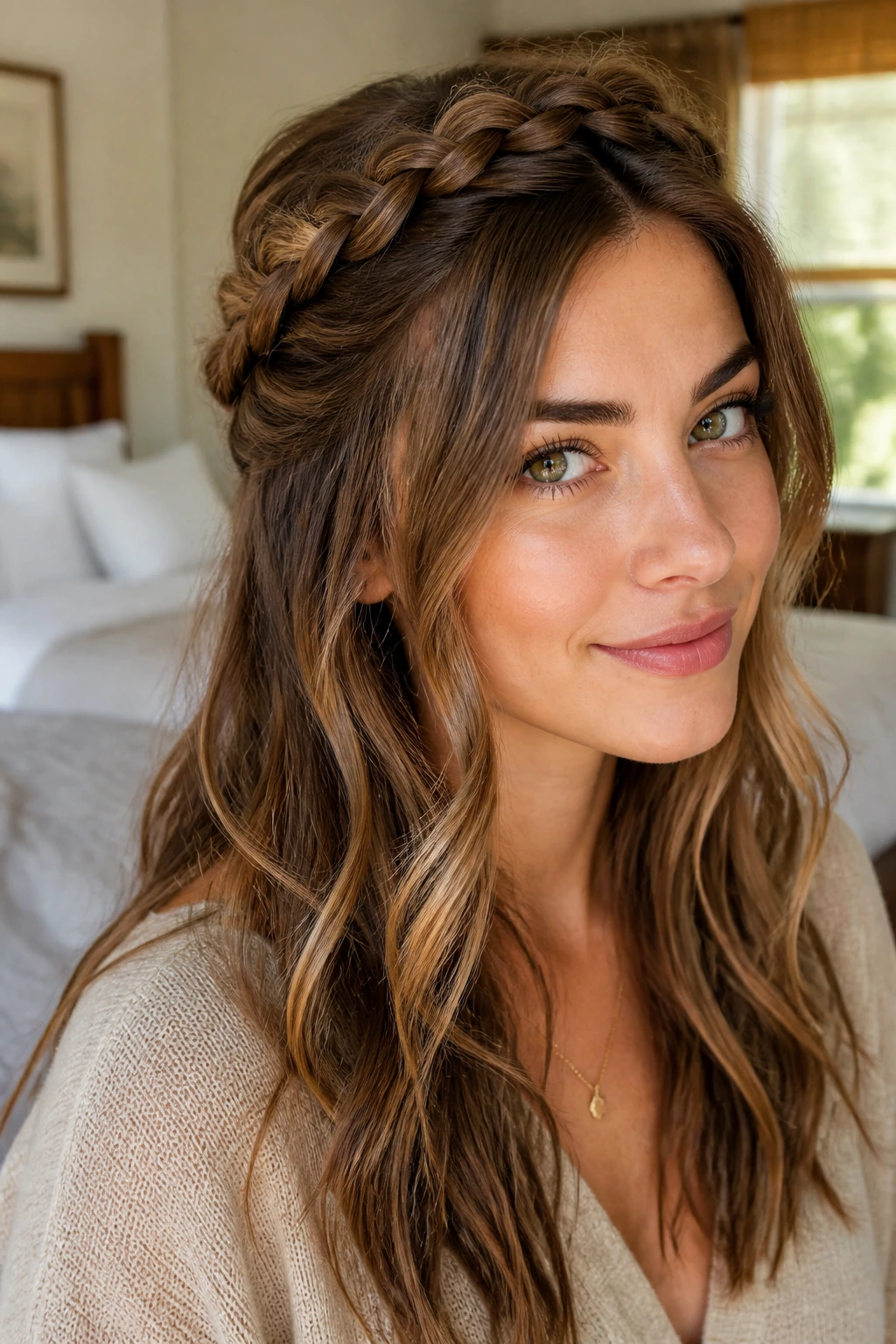 Close-up of a real woman with a loose braided crown and waves around her face in soft natural window light