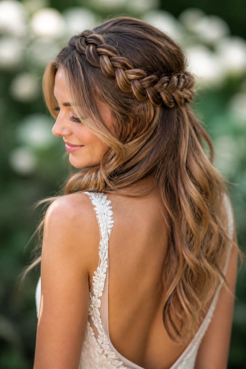 Bride with braided crown half-up hairstyle in open-back dress