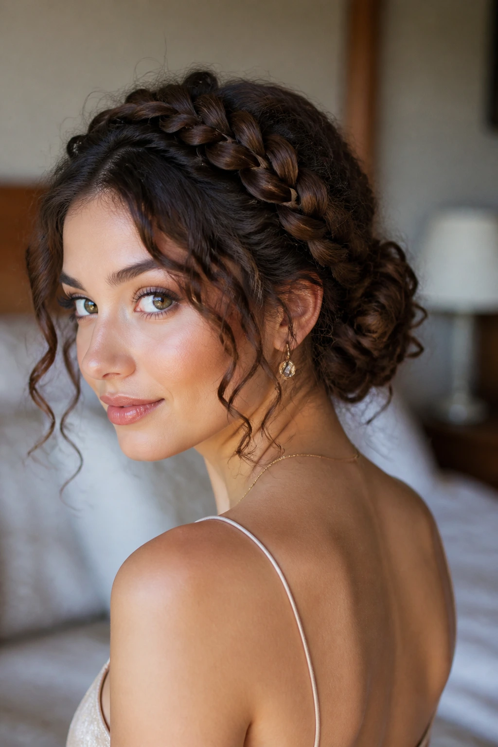 Close-up of a real woman with a braided crown halo and hidden bun
