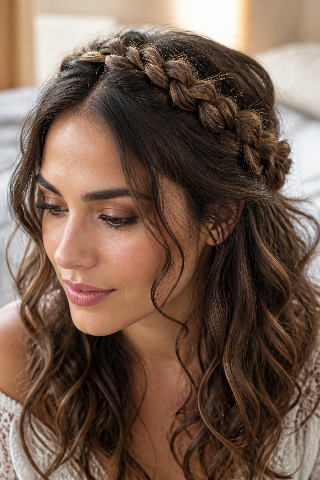 Close-up of a real woman wearing a braided crown halo with loose waves underneath