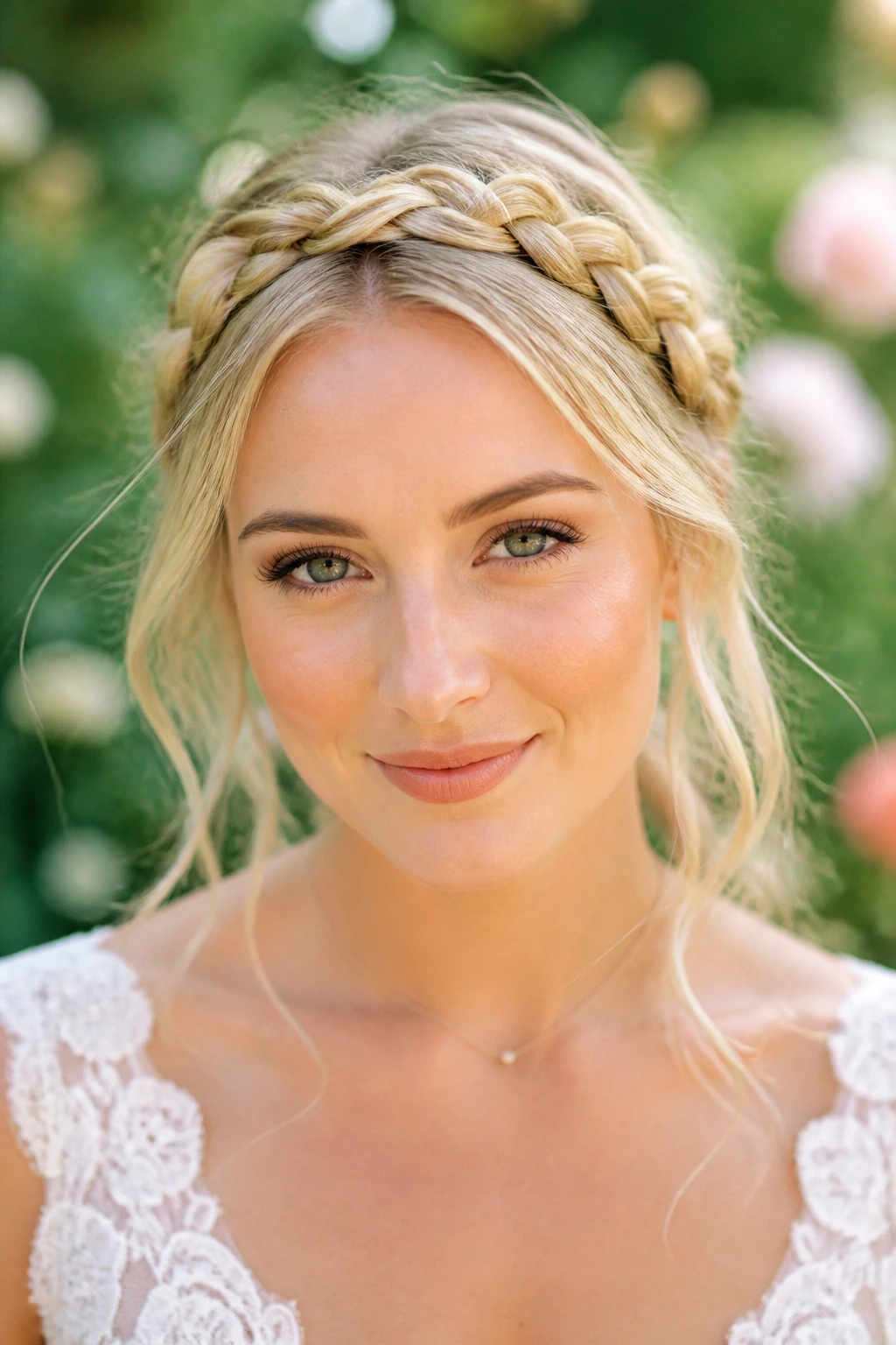 Front view of real bride with braided crown halo in garden light