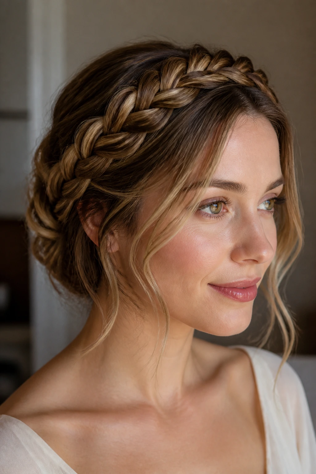 Portrait of a woman with a braided crown halo on shoulder-length hair.