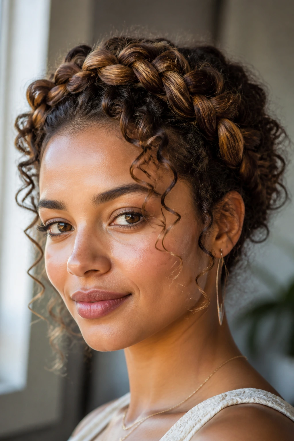 Close-up of braided crown halo hairstyle on real person