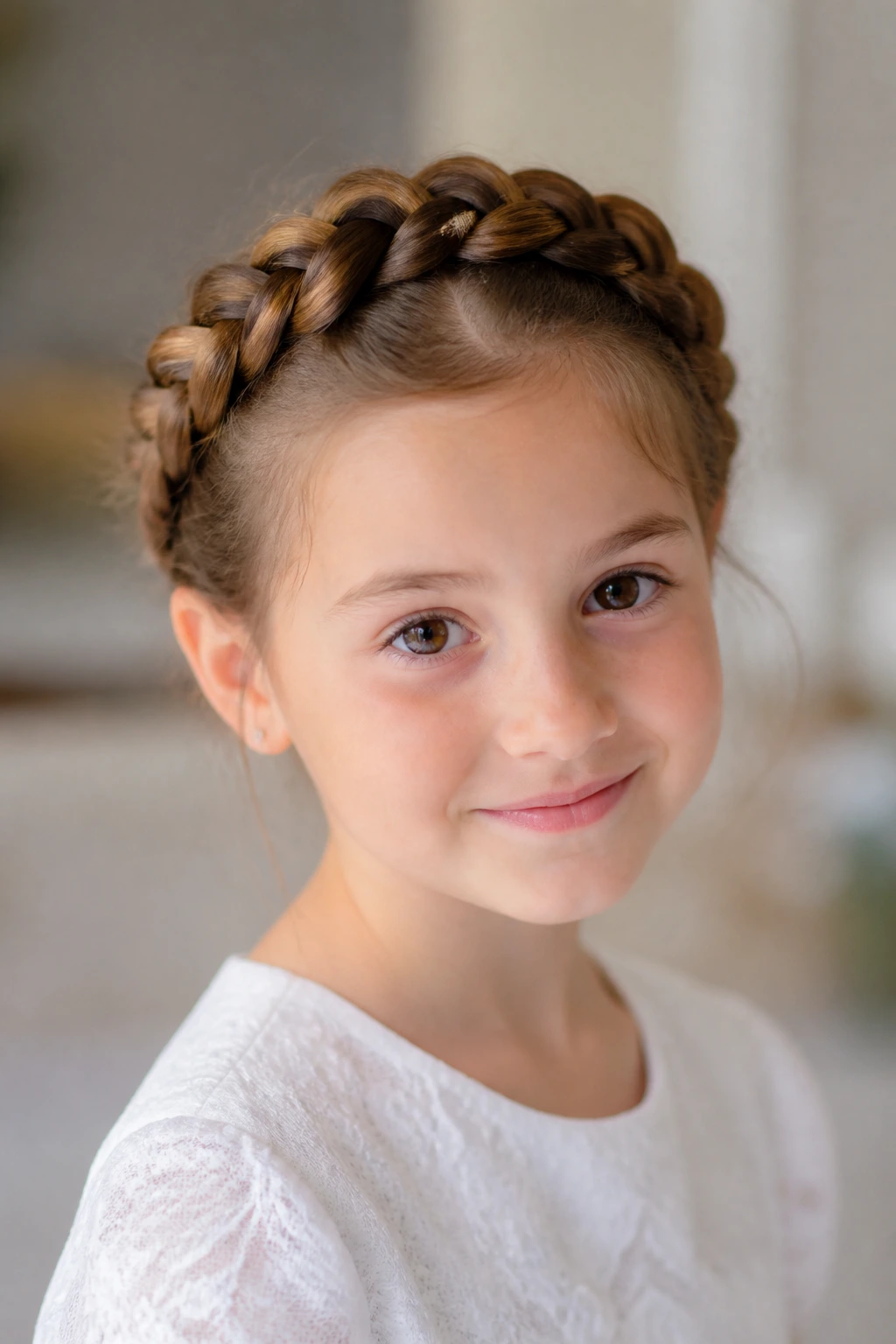 Close-up of a child with braided crown halo hairstyle