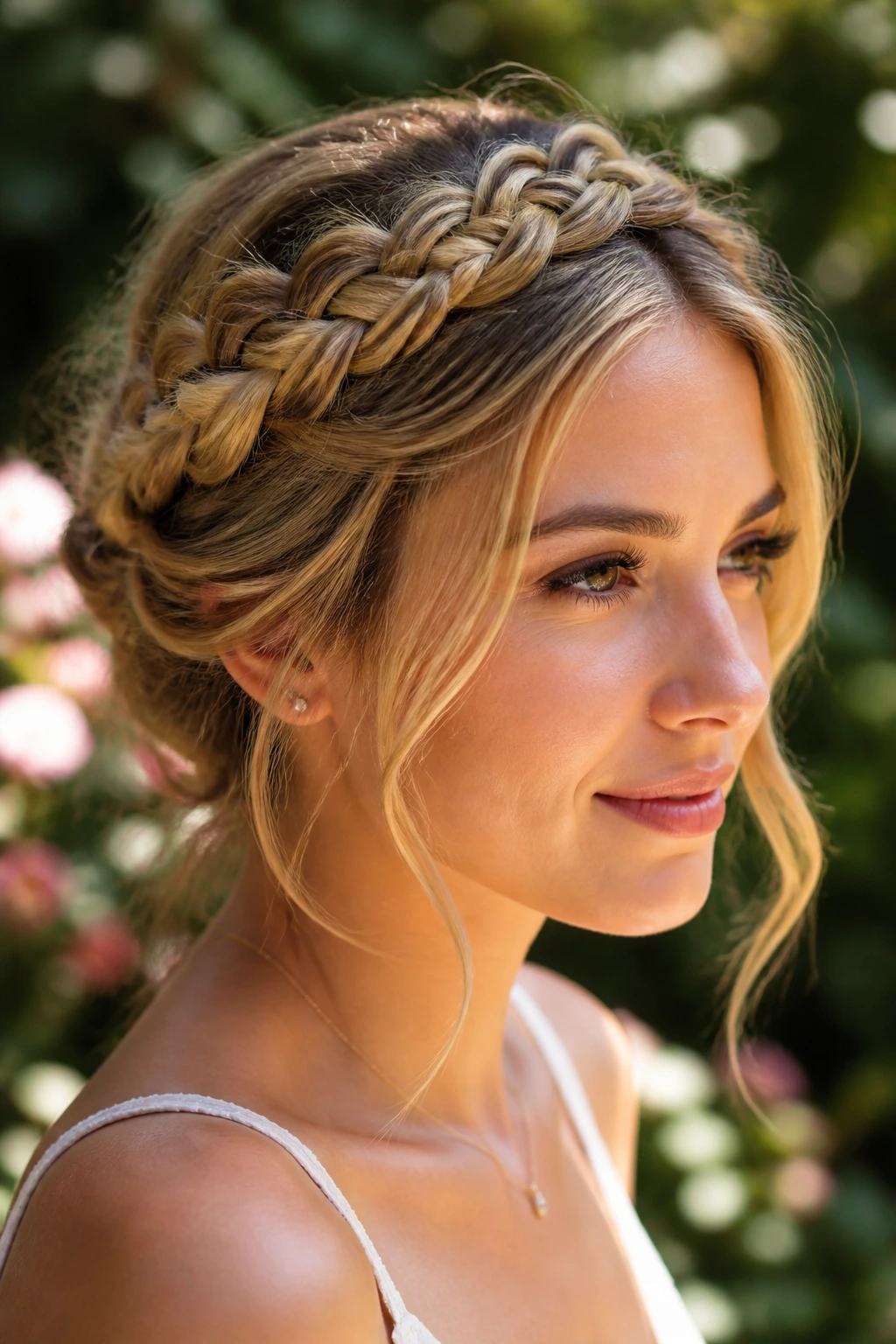 Close-up of a real woman wearing a braided crown halo in a sunlit garden