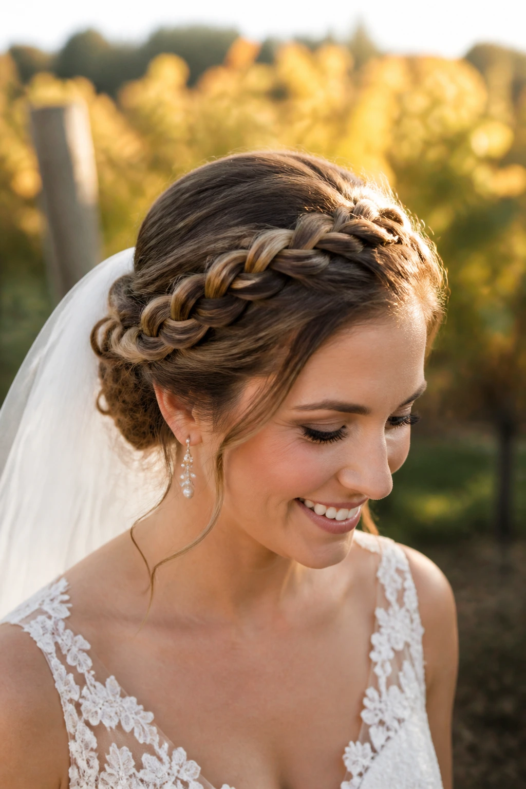 Bride outdoors with braided crown and hidden pins