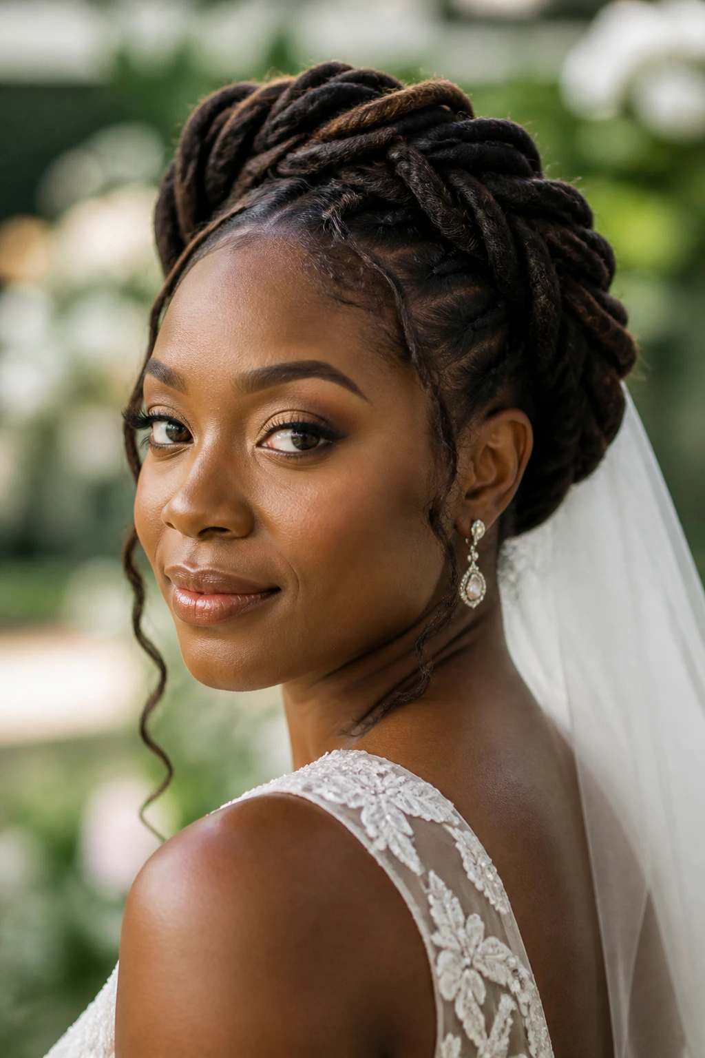 Close-up of real bride with braided crown on locs