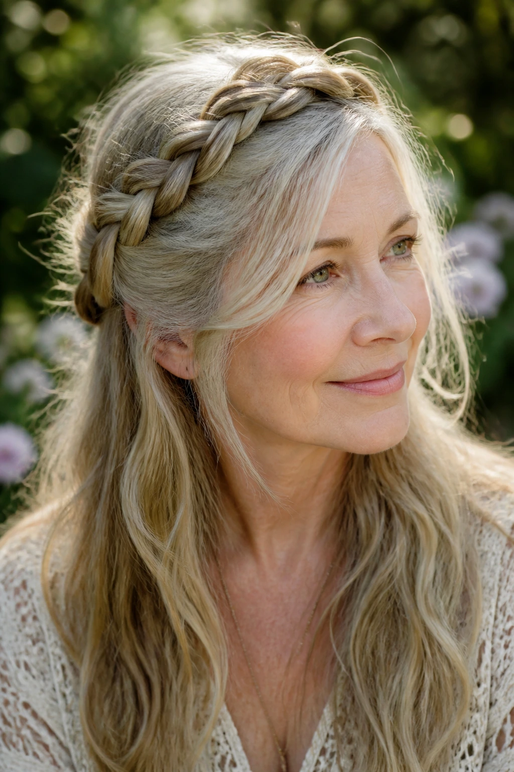 Close-up of a real woman wearing a loose braided crown in an outdoor garden.