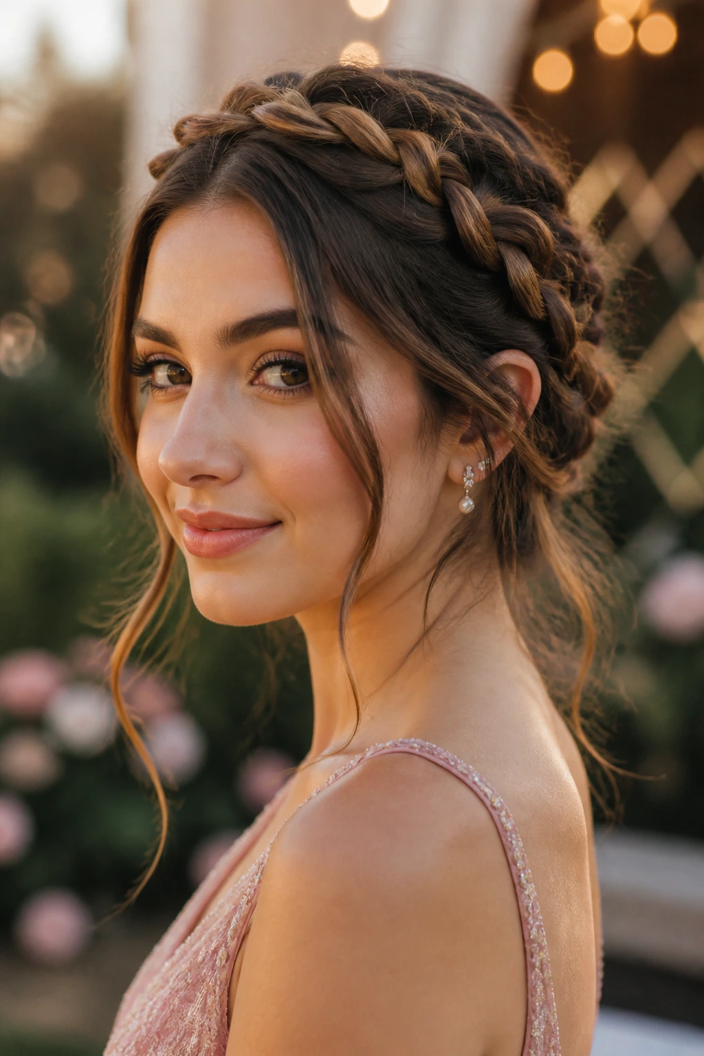 Real woman with braided crown and loose ends in a garden setting