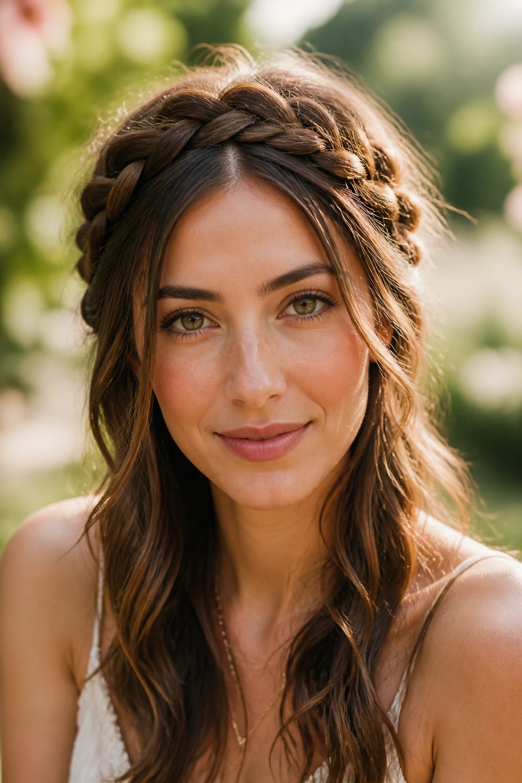 Close-up portrait of a woman with a loose braided crown in a sunlit garden
