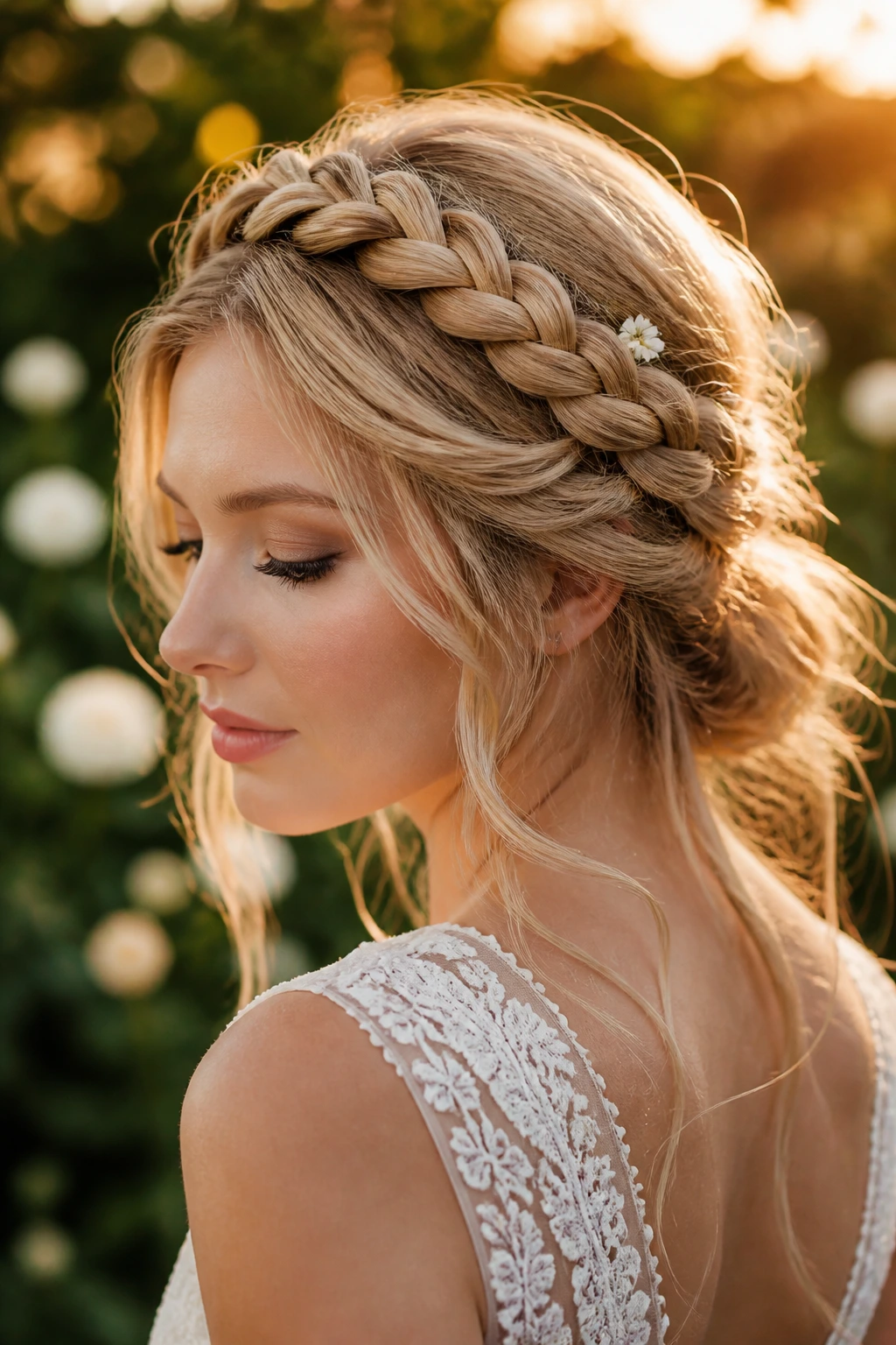 Bride wearing a crown braid with loose ends in a garden setting