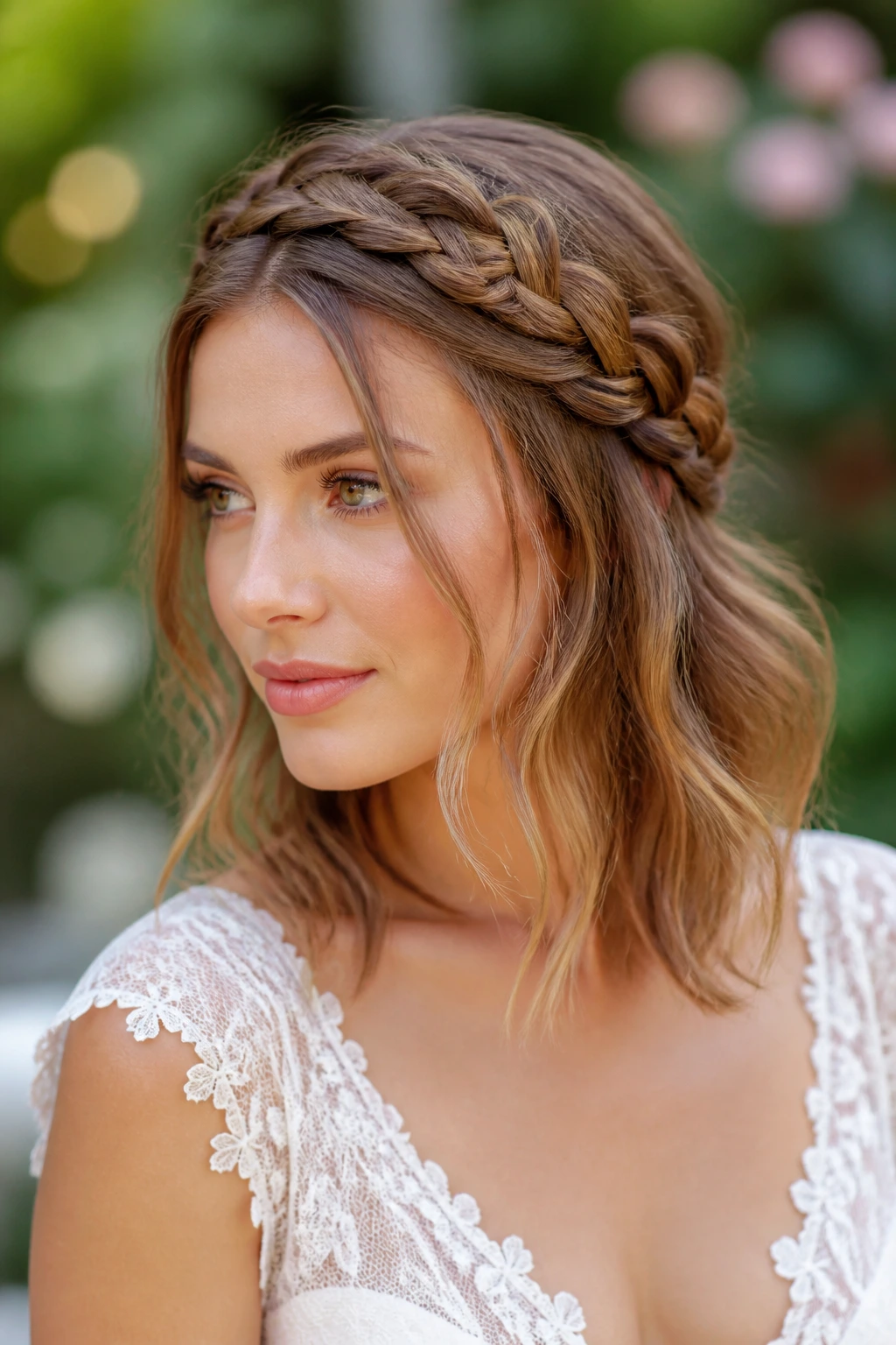 Bride with braided crown and loose ends