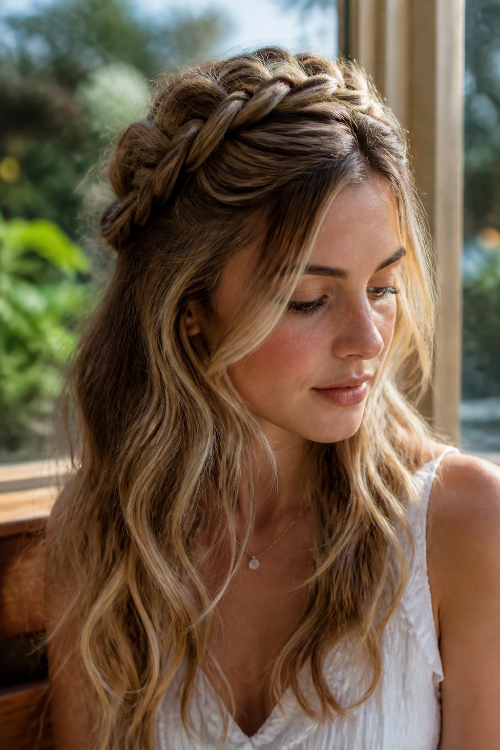 Close-up of a real woman wearing braided crown with loose ends.