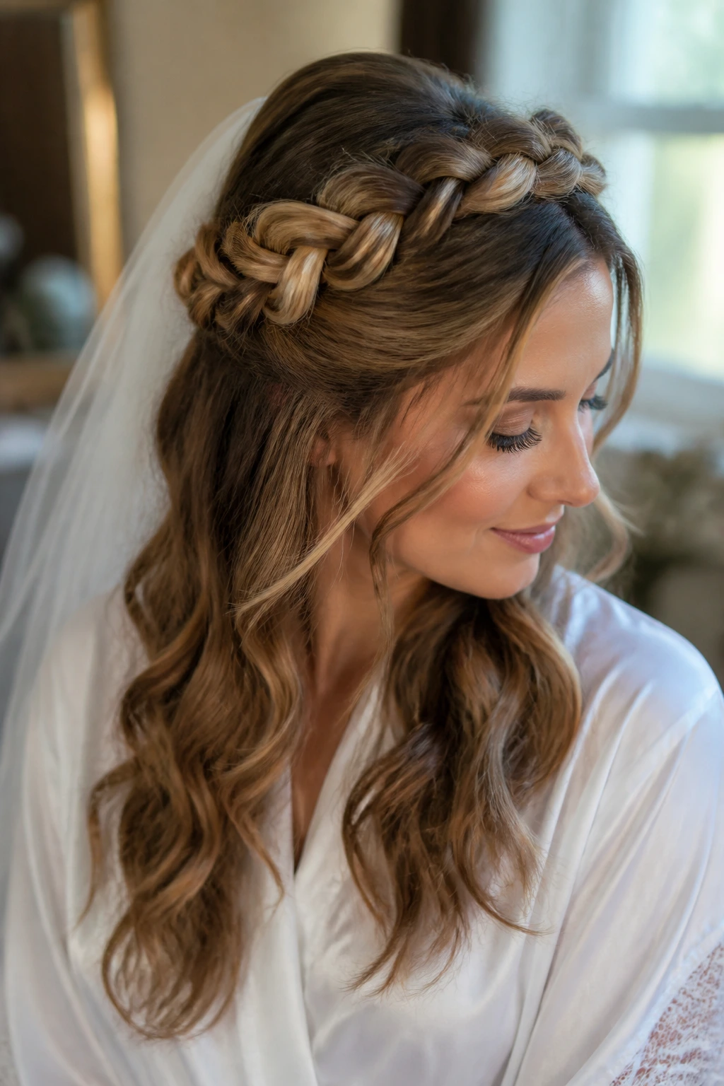 Close-up of real woman wearing a braided crown with loose ends in a bridal prep room