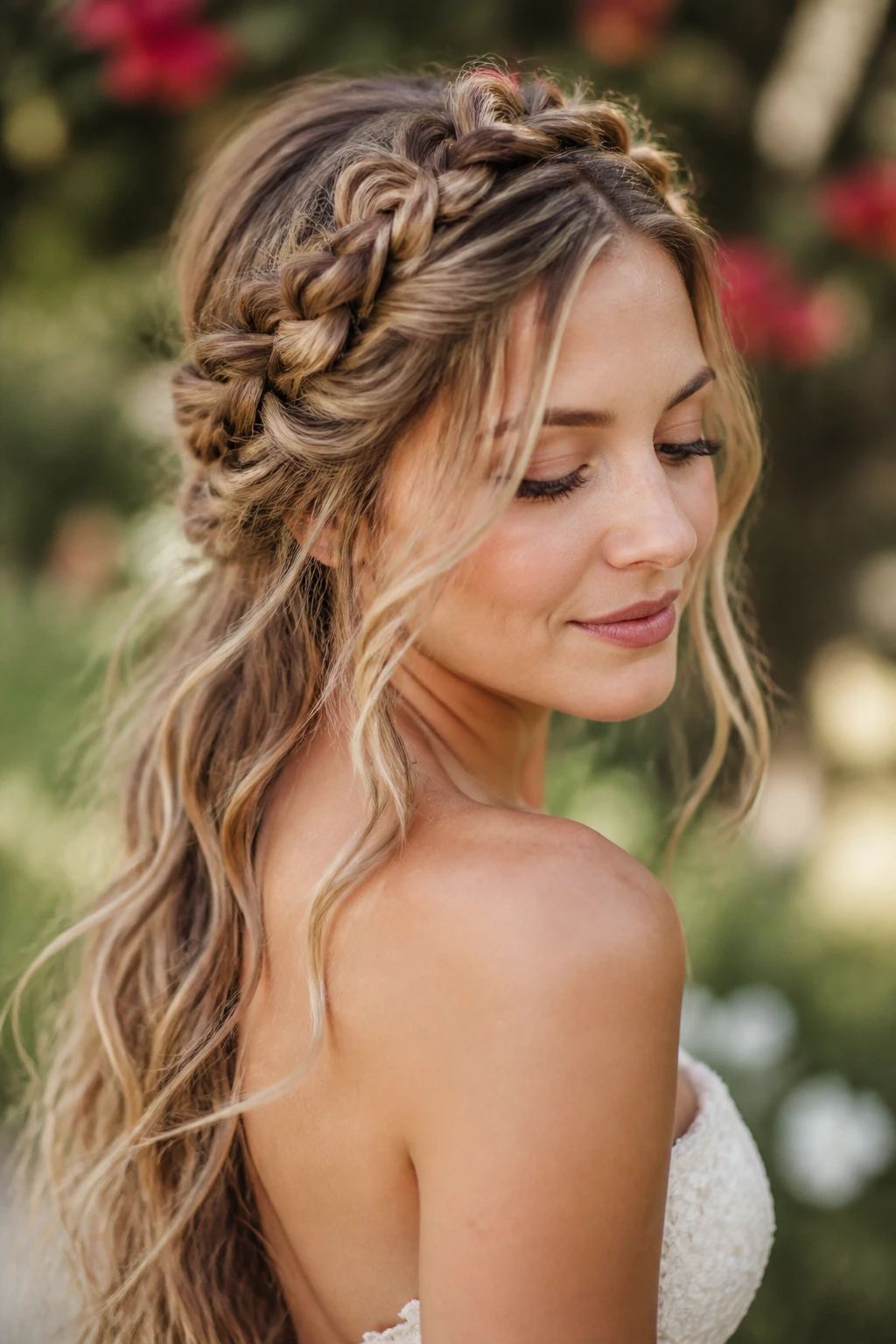 Real bride with crown braid around the head and soft loose ends outdoors