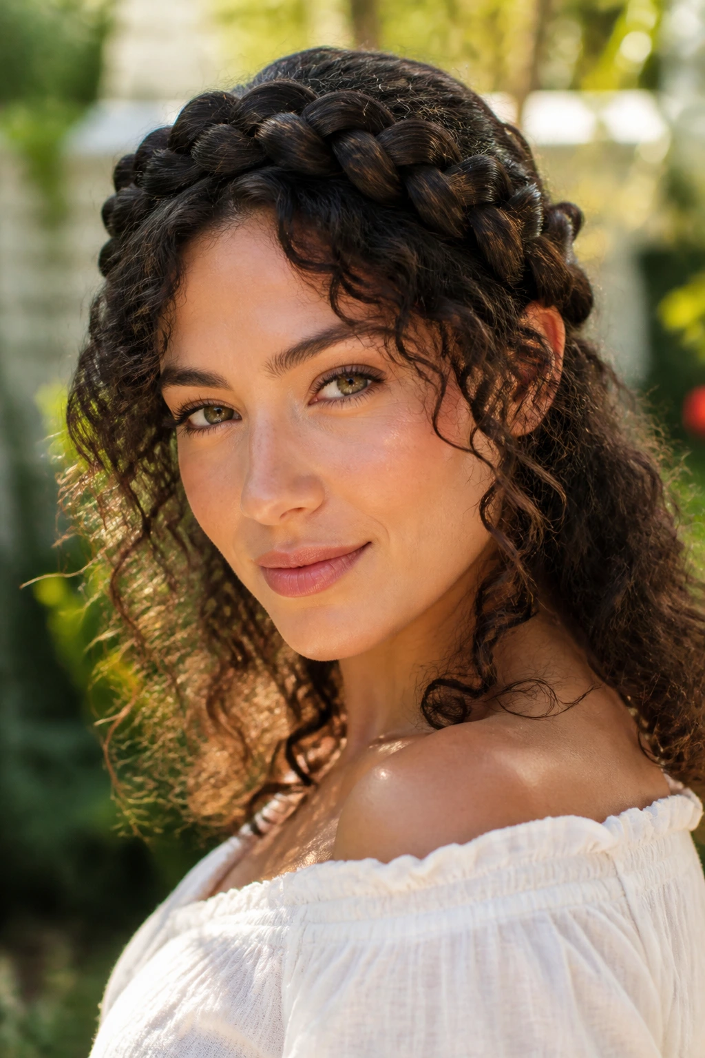 Close-up of a real woman wearing a braided crown with loose ends