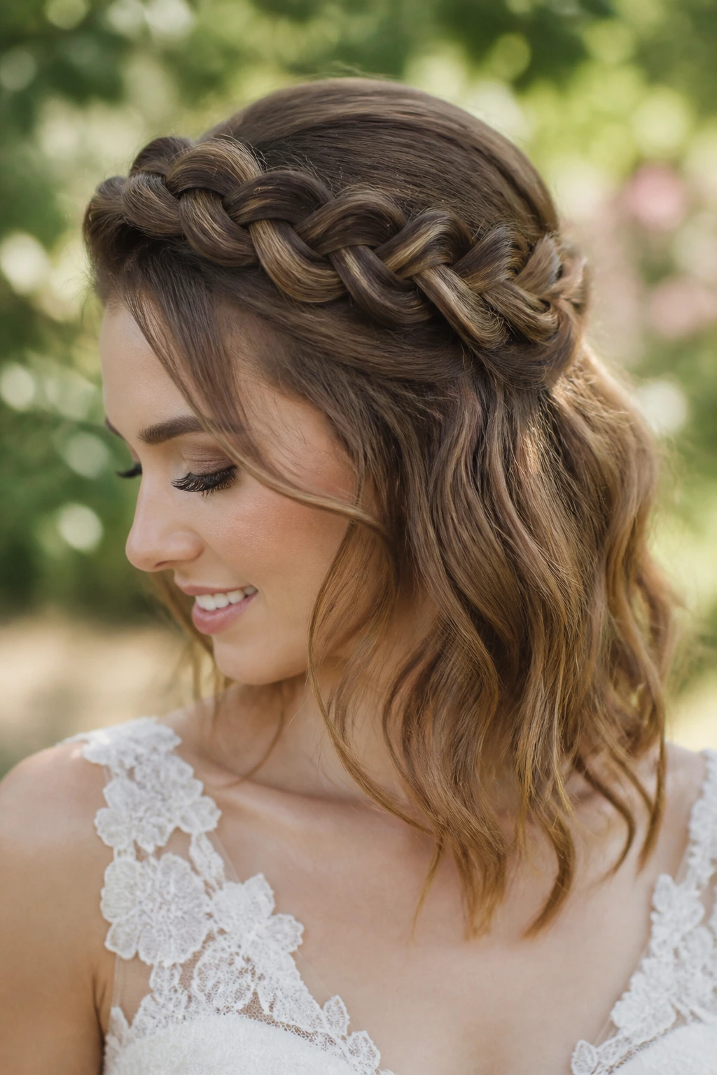 Real bride wearing braided crown with loose ends, close-up