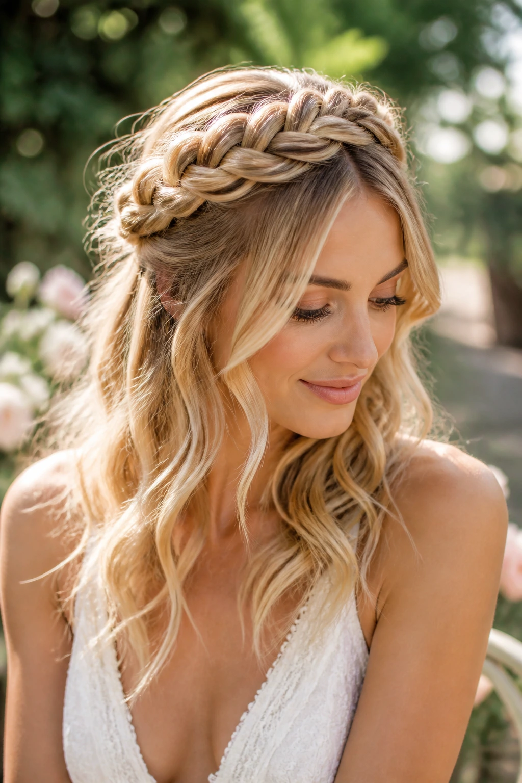 Bride wearing a braided crown with loose blonde ends outdoors.