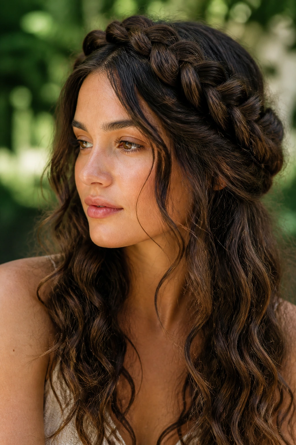 Close-up of a real woman wearing a braided crown with loose ends in thick waves
