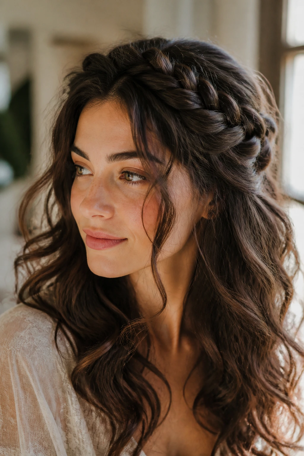 Real woman wearing a braided crown front pieces in thick waves