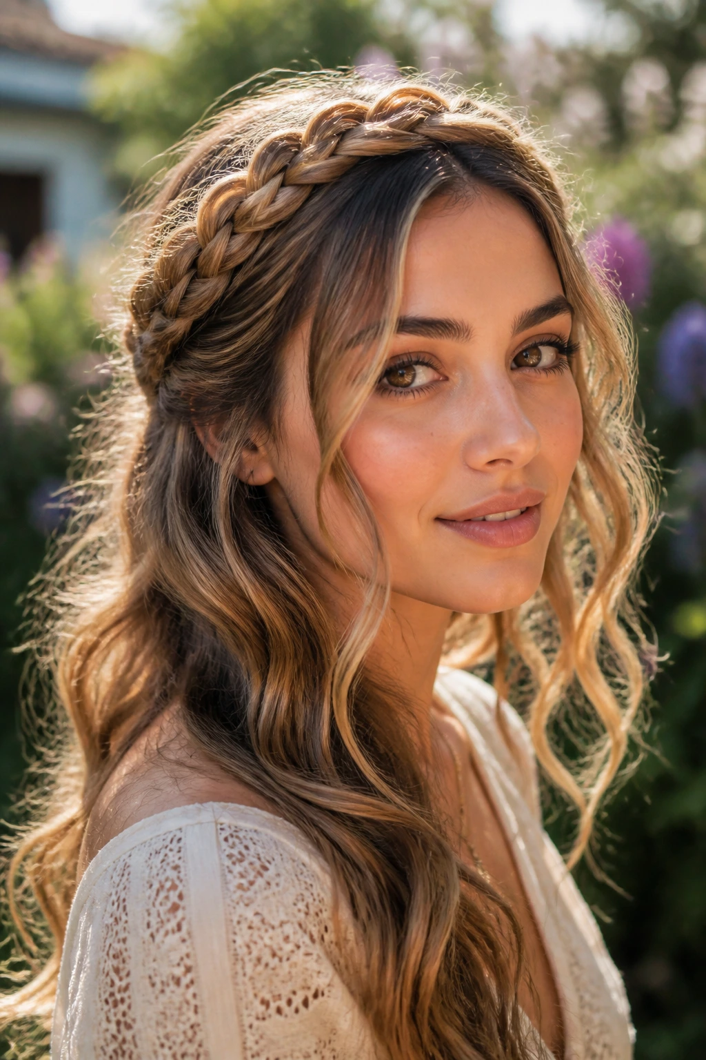 Close-up of a real woman with a crown braid and loose waves framing the face
