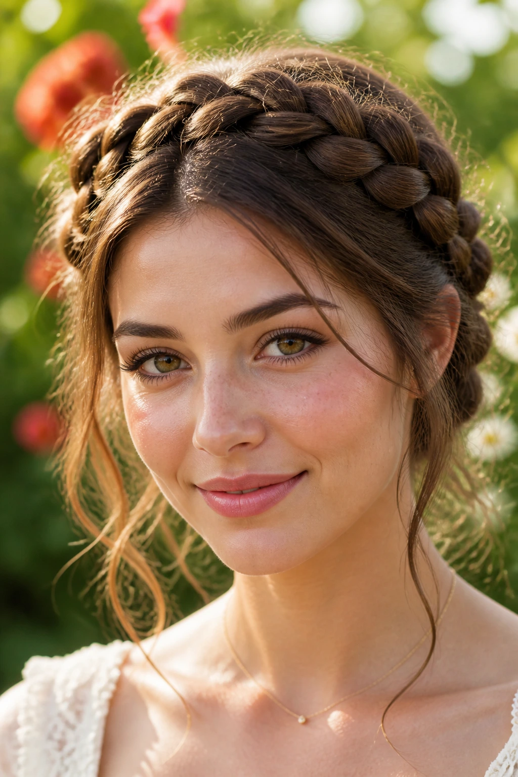 Close-up of real woman with braided crown and loose pieces softening the frame