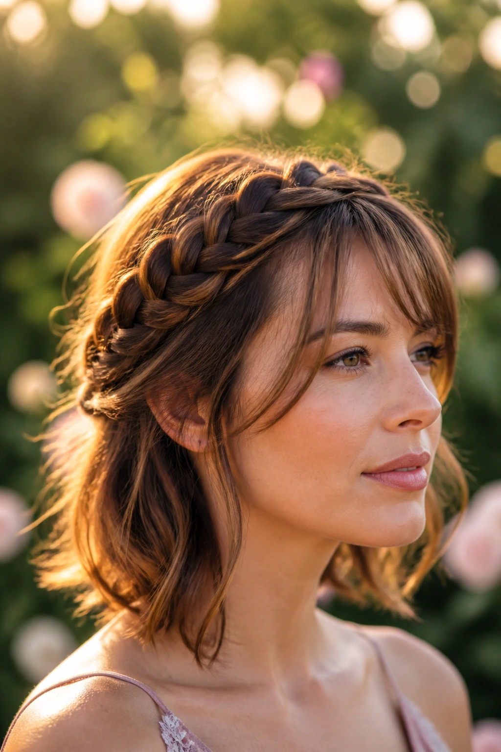 Portrait of a real woman with a braided crown and loose side bangs in a garden.