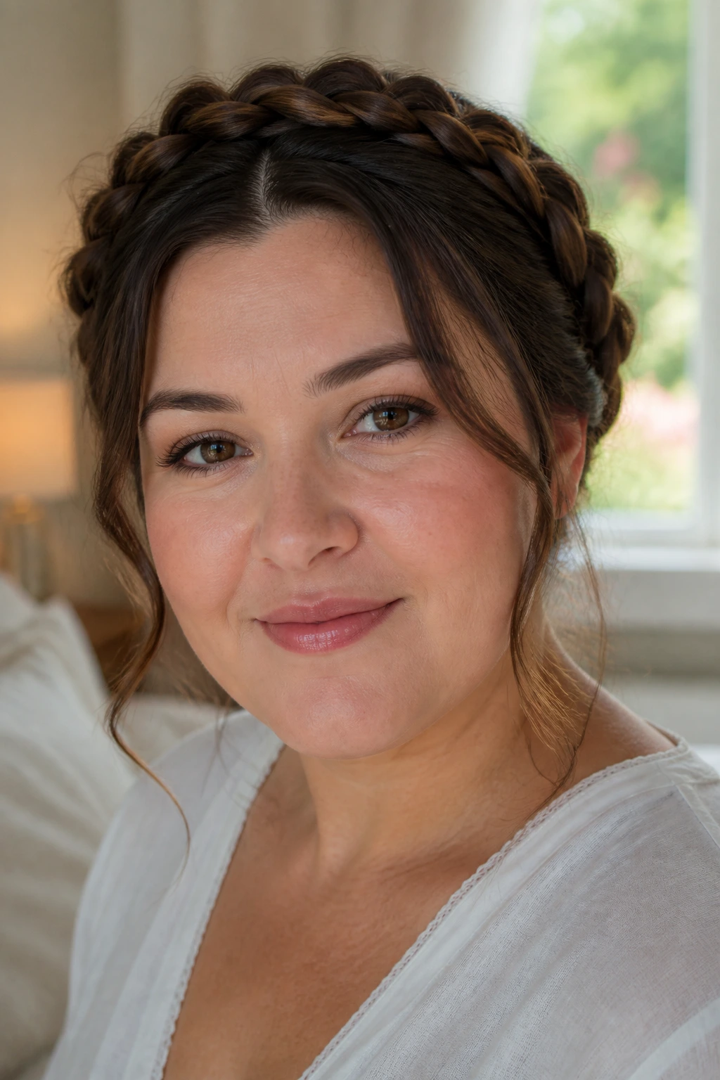 Close-up portrait of a woman with a braided crown and loose front strands framing her cheeks, warm window light.