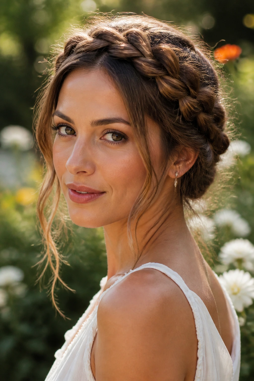 Close-up of a woman with a braided crown and loose tendrils