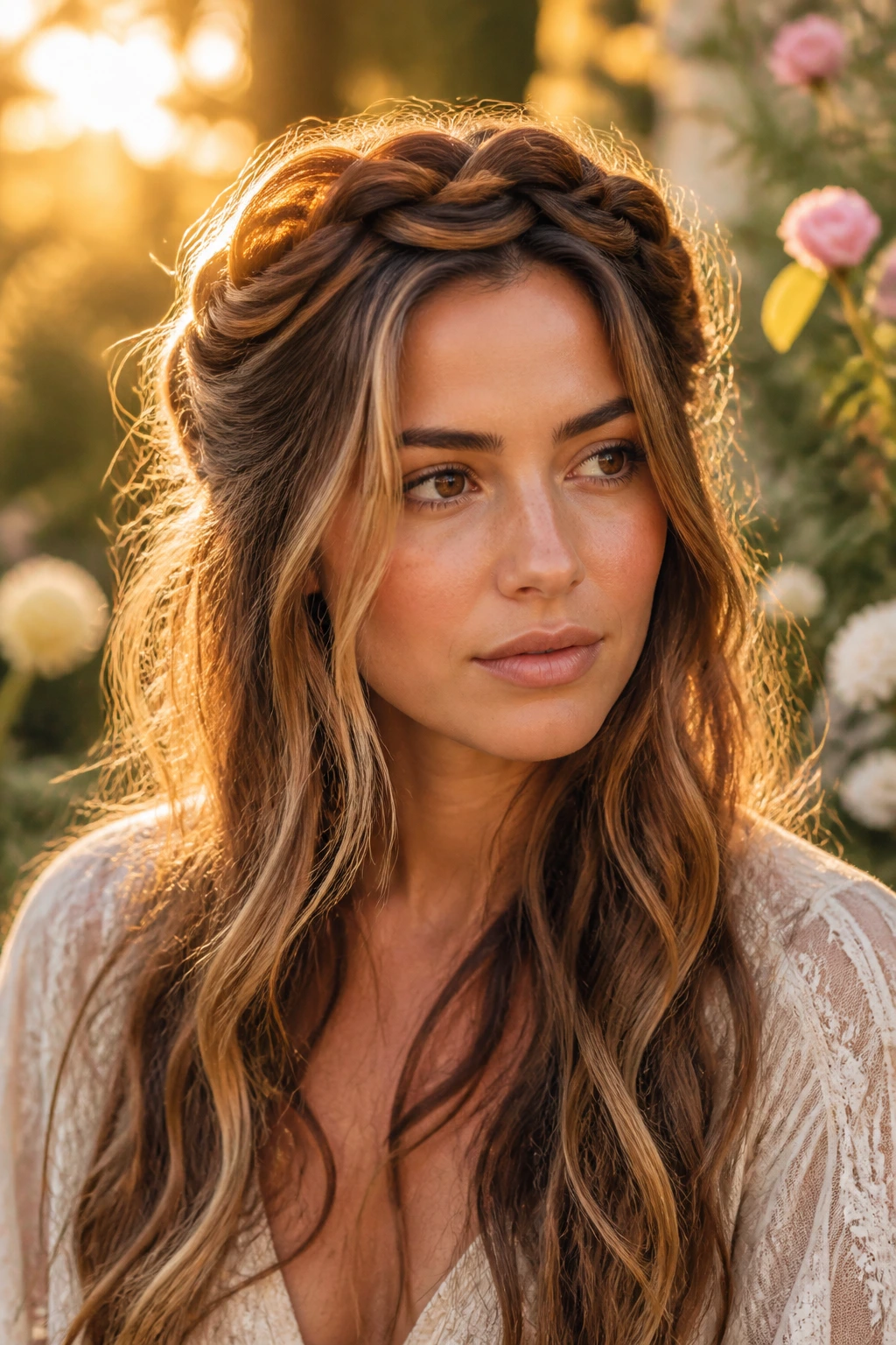 Head-and-shoulders portrait of a woman with braided crown and loose waves outdoors
