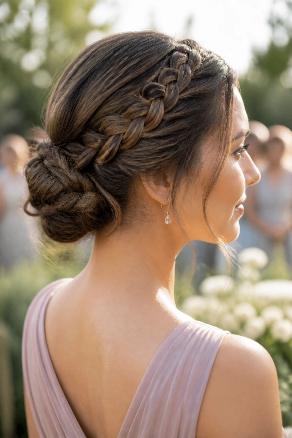 Real woman with braided crown low bun in garden setting