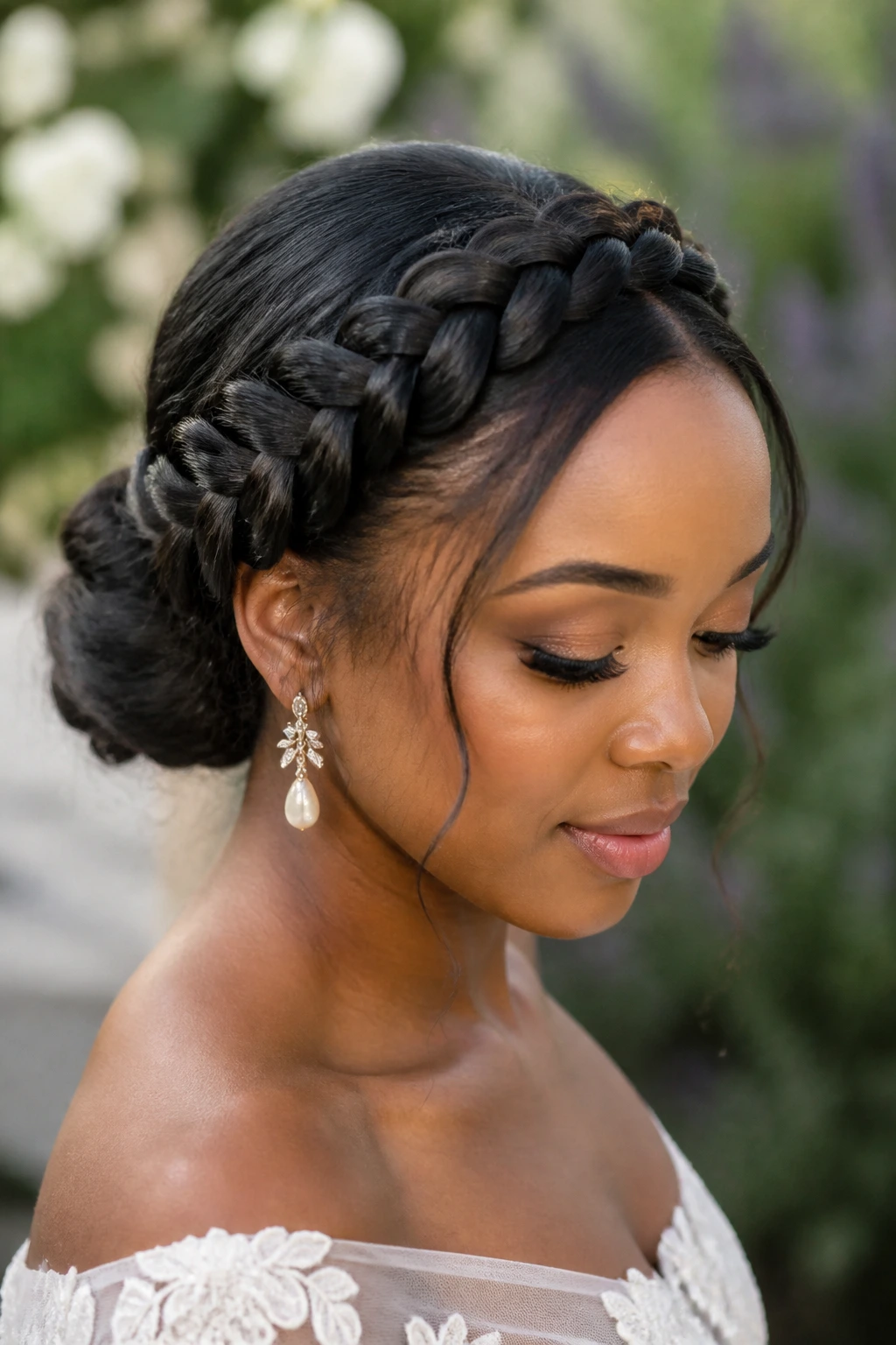 Bride with braided crown into low bun