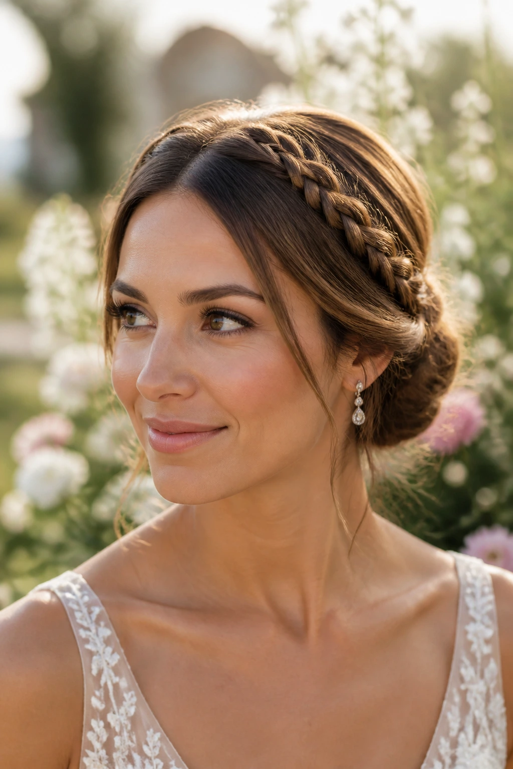 Bride with braided crown blending into a low bun.
